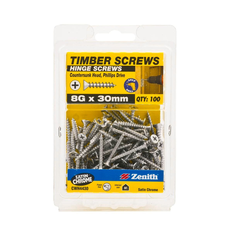 Zenith Timber Screws - 8g x 30mm - Satin Chrome - Countersunk Head - 100 Pack - SuperSaverAU - view 1