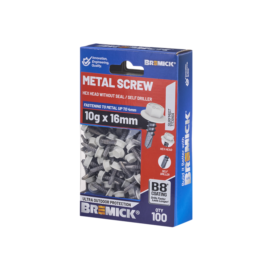 Bremick Metal Hex Screw 10g x 16mm - B8 Coating - Pack of 100 - Corrosion Resistant - SuperSaverAU - view 1