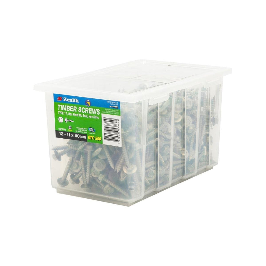 Zenith Galvanised Hex Head Timber Screws 12g x 40mm - 500 Pack - Self-Drilling - SuperSaverAU - view 1