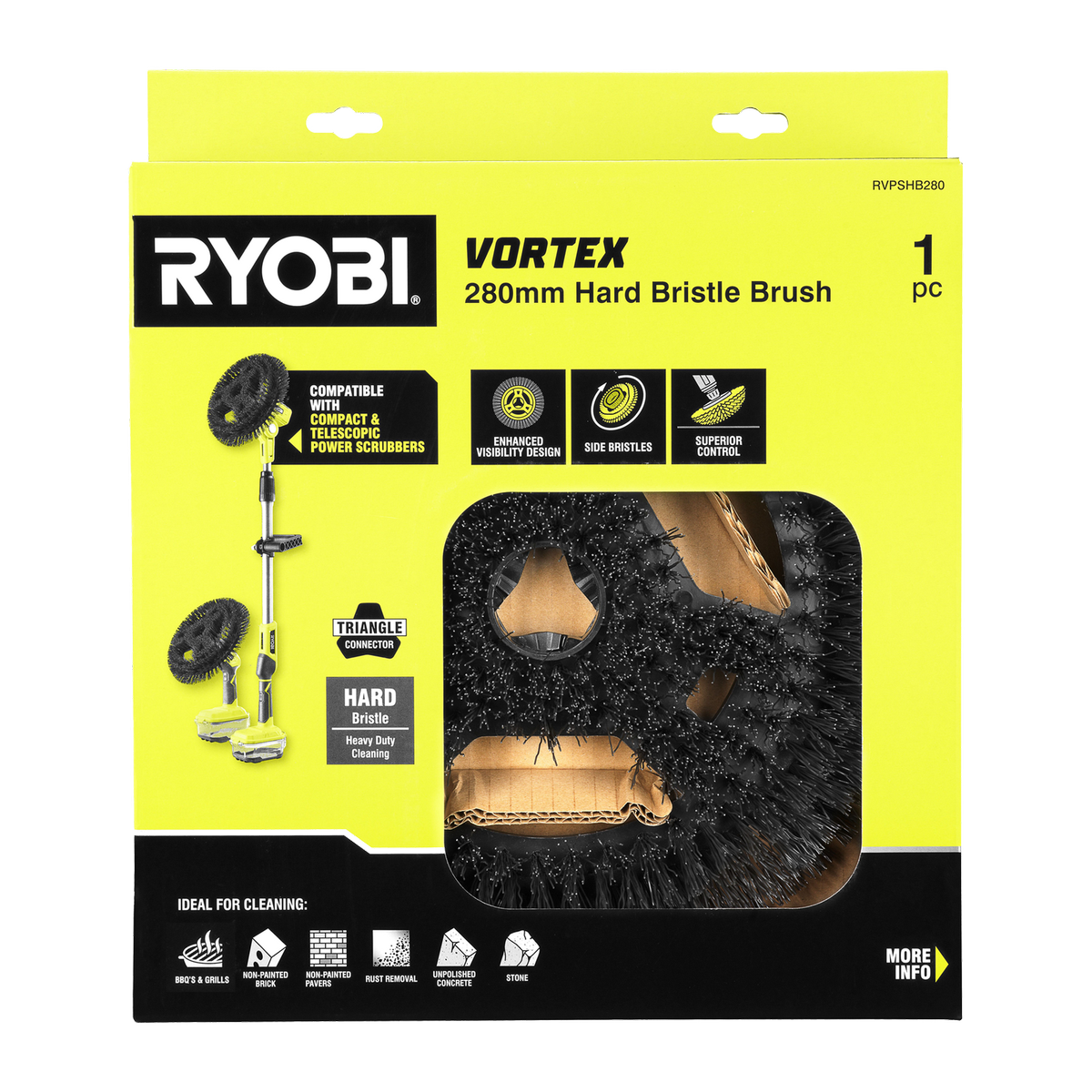 Ryobi 280mm Hard Bristle Power Scrubber Brush - Heavy-Duty Cleaning Tool - SuperSaverAU - view 2