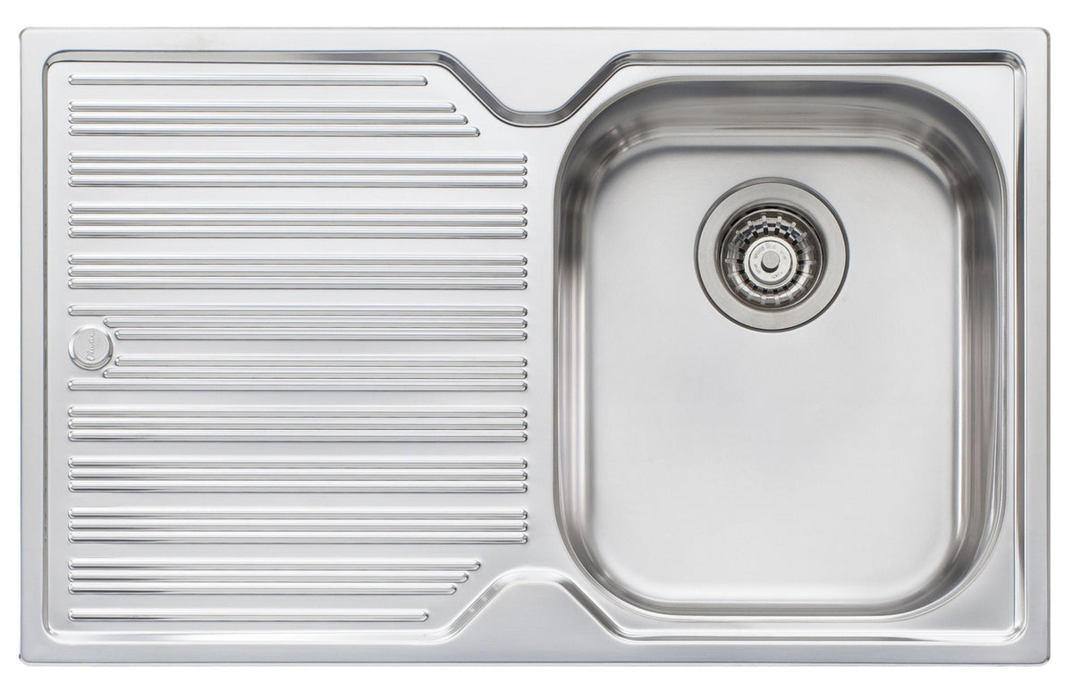 Oliveri Diaz Single Bowl Left Hand Drainer Sink - 770mm Polished Stainless Steel, Rear Waste Outlet - DZ122NTH