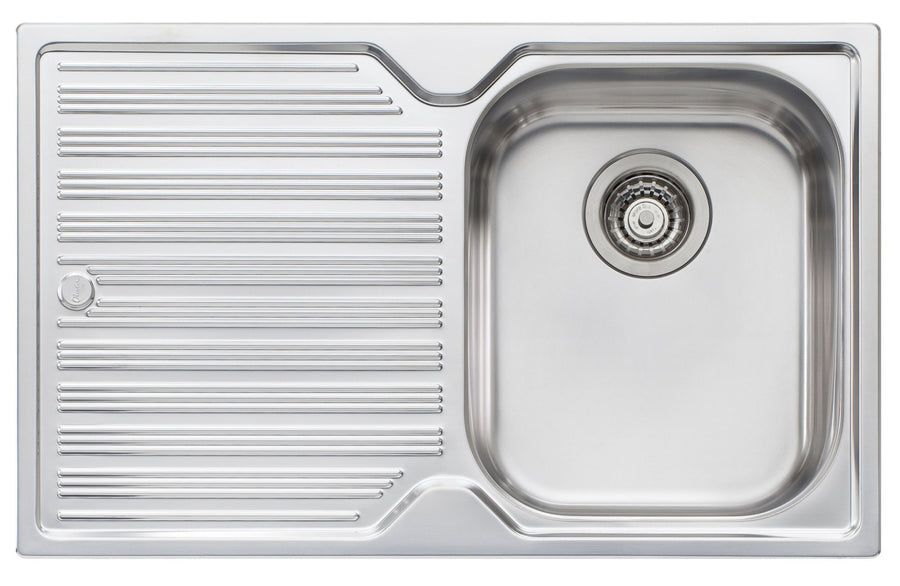 Oliveri Diaz Single Bowl Left Hand Drainer Sink - 770mm Polished Stainless Steel, Rear Waste Outlet - DZ122NTH