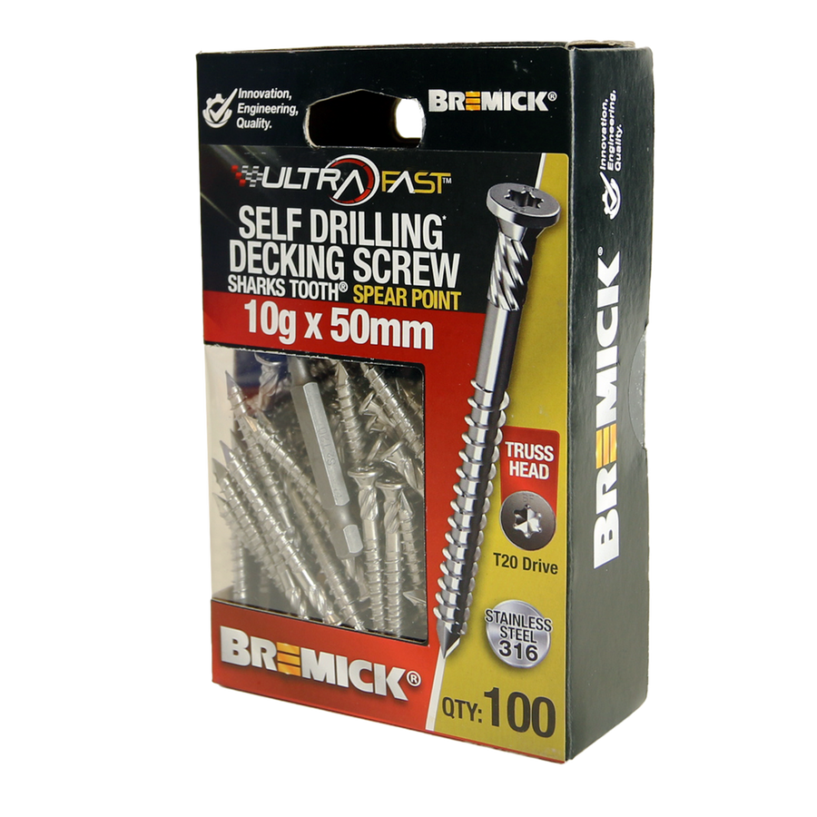 Bremick Ultrafast Stainless Steel 316 T20 Truss Head Screws 100 Pack - 10g x 50mm - Smooth Installation - SuperSaverAU - view 1