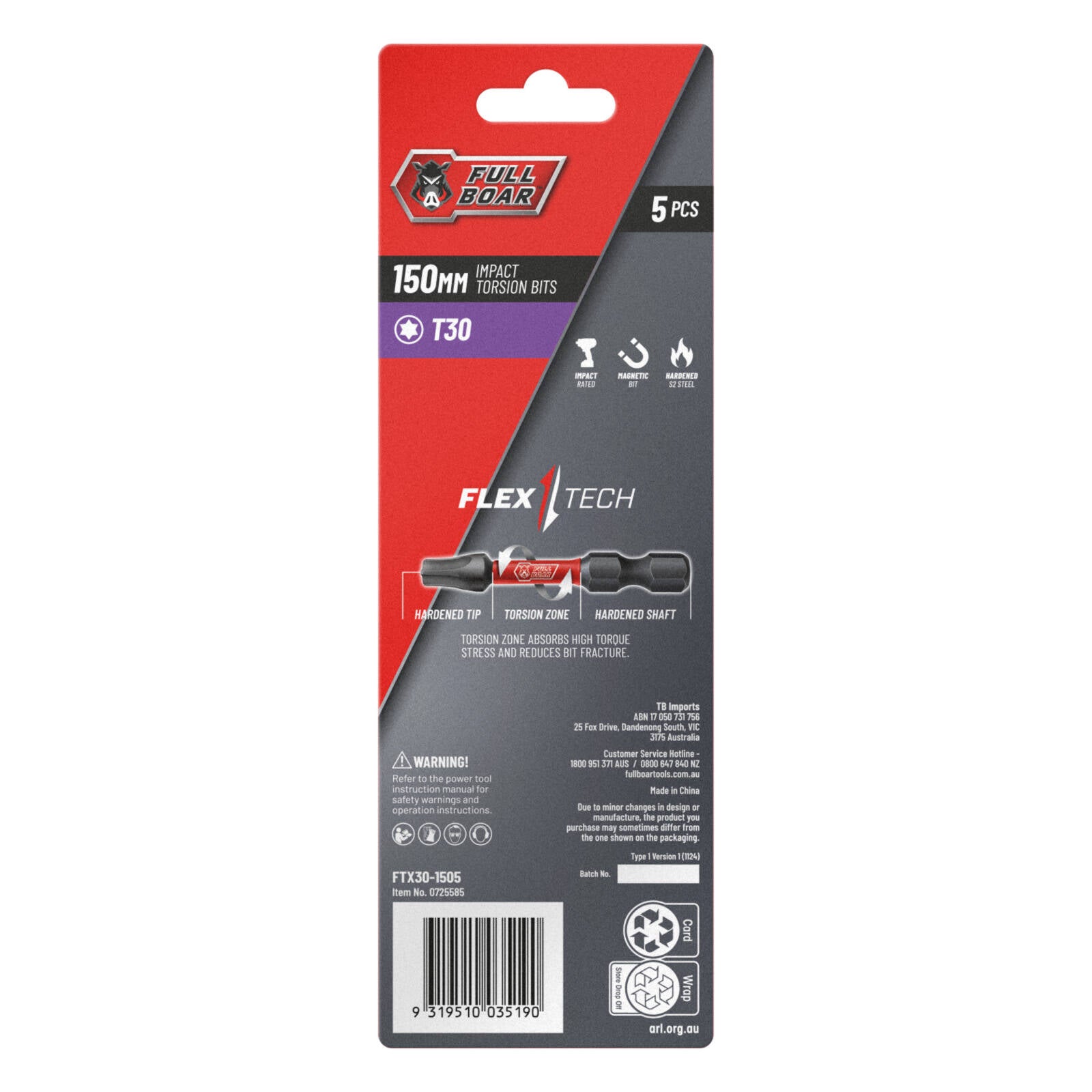 Full Boar T30 x 150mm Impact Torsion Bit - 5 Pack, S2 Steel, 1/4" Hex