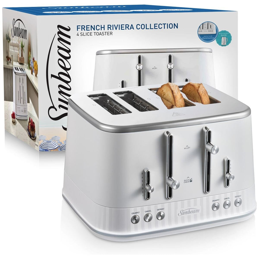 Sunbeam 4 slice toaster - white with silver accents, seven browning levels, high lift lever - TAM8104WH