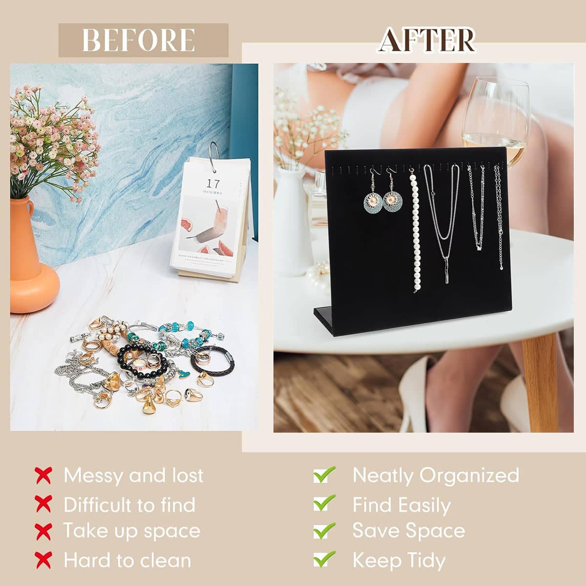 24 Hook Necklace Display Stand, Black Velvet Wooden Jewellery Organiser - view 5