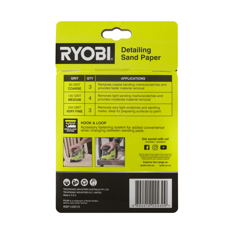 Ryobi Detail Sanding Set - 10 Piece - 100 x 140mm - 80/120/240 Grit - SuperSaverAU - view 5