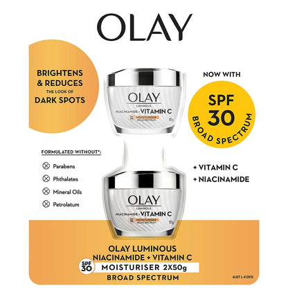 Olay Luminous Niacinamide And Vitamin C Moisturiser SPF30 50g Brightening Dark Spots & Uneven Skin Tone