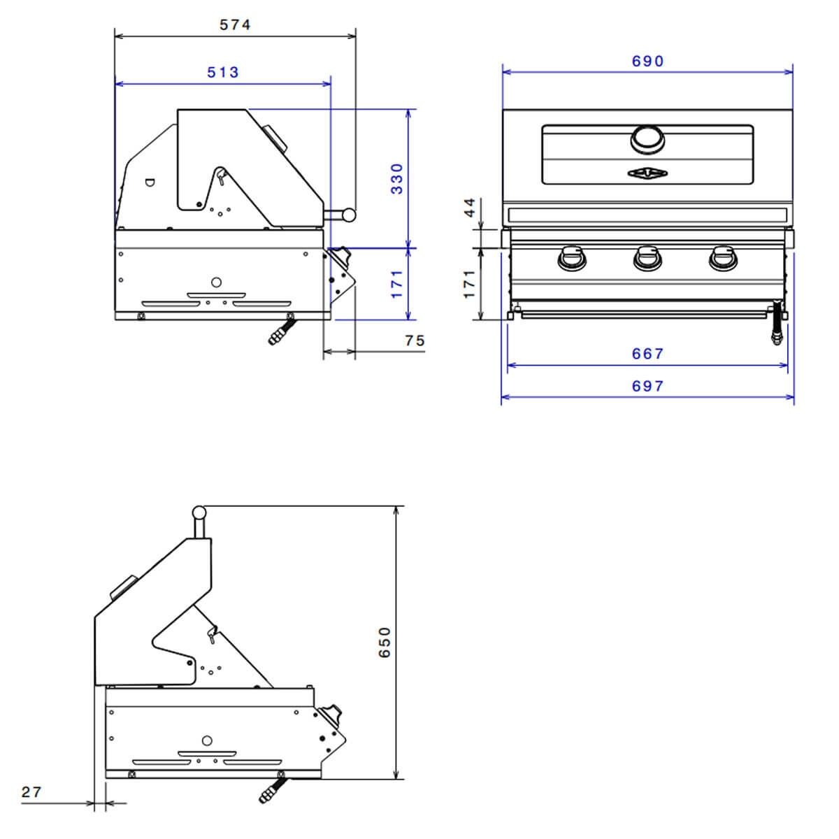 Beefeater 1200 Series 3 Burner Built-In LPG BBQ - Black - Viewing Window Hood - BBG1230BB