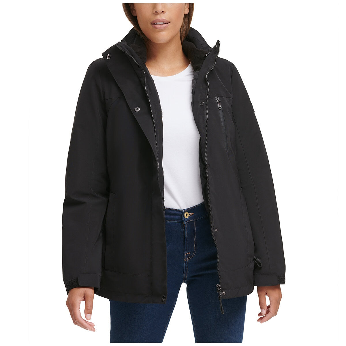 Calvin Klein Women's 3 In 1 Jacket Black - Water-Resistant, Detachable Hood, Versatile Coat