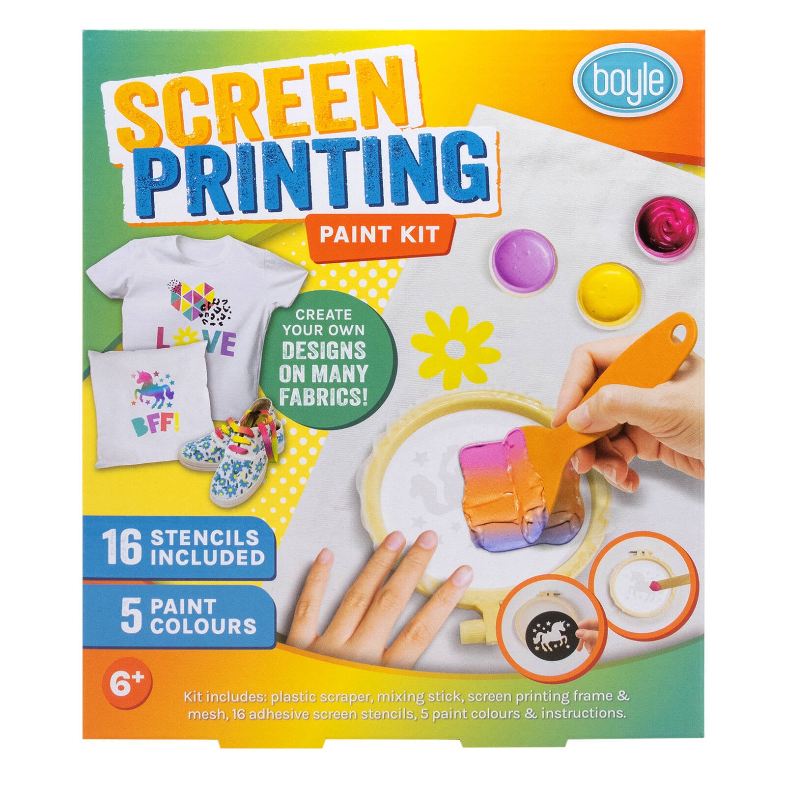 Boyle DIY Screen Printing Paint Kit with 5 Colours, Frame, Scraper & 16 Stencils
