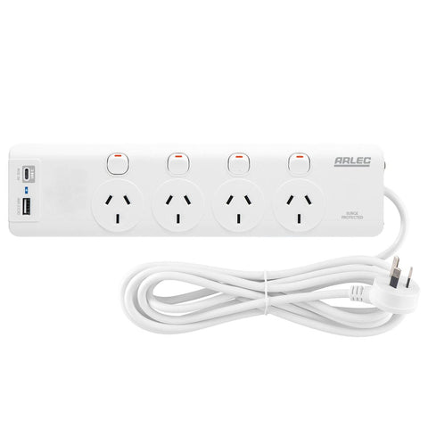 Arlec 4 Outlet Surge Powerboard 1.8m - PD30W USB A & C - White - SuperSaverAU - view 1
