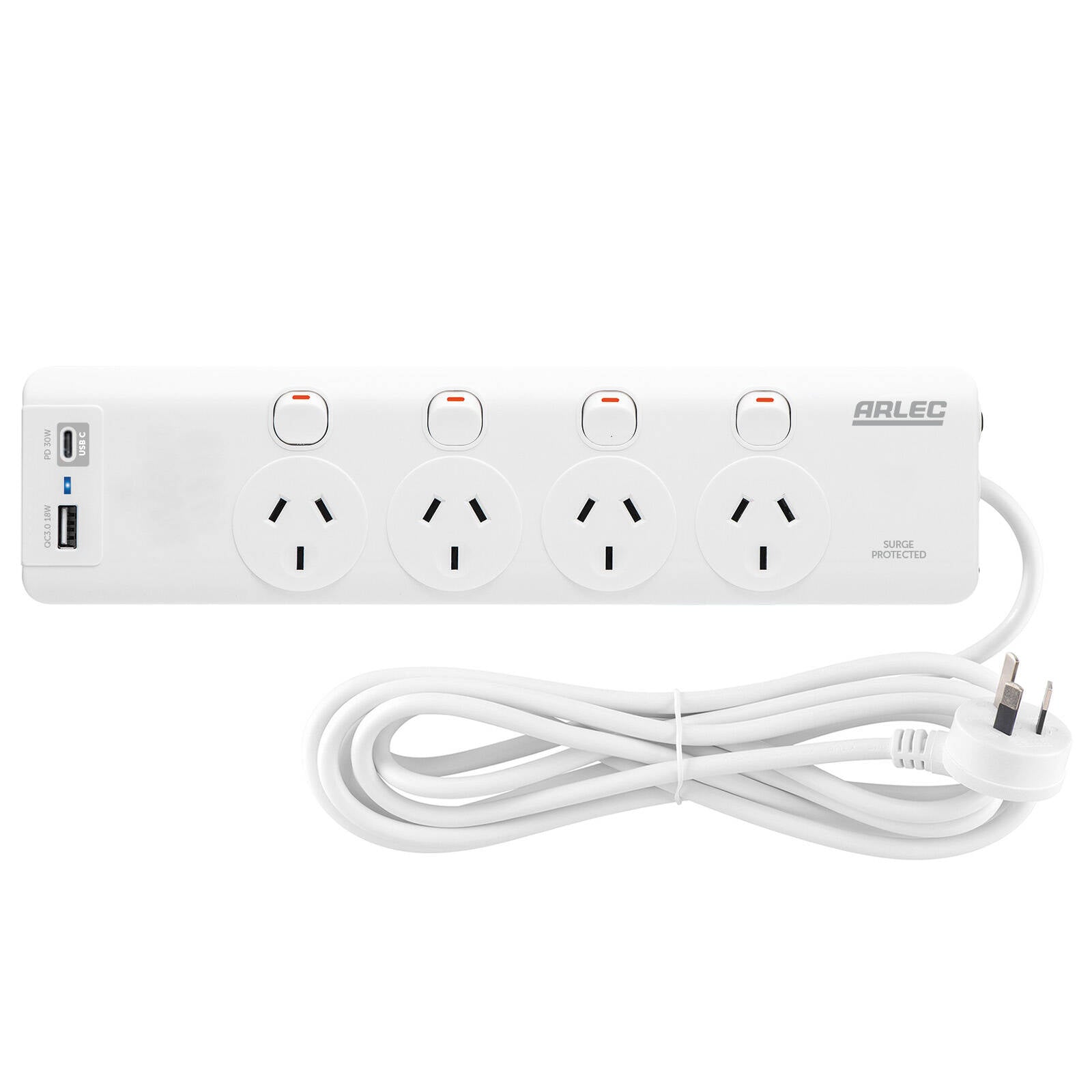 Arlec 4 Outlet Individually Switched Surge Powerboard PD30W USB-A & USB-C 1.8m White