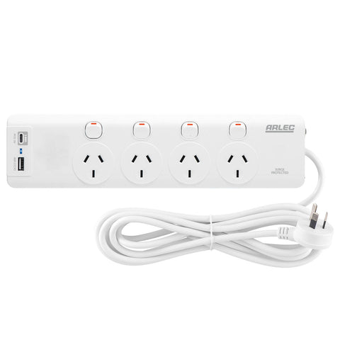 Arlec 4 Outlet Individually Switched Surge Powerboard PD30W USB-A & USB-C 1.8m White