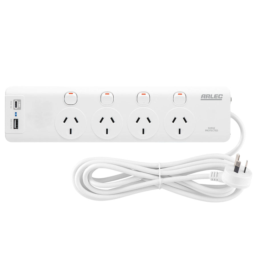 Arlec 4 Outlet Individually Switched Surge Powerboard PD30W USB-A & USB-C 1.8m White