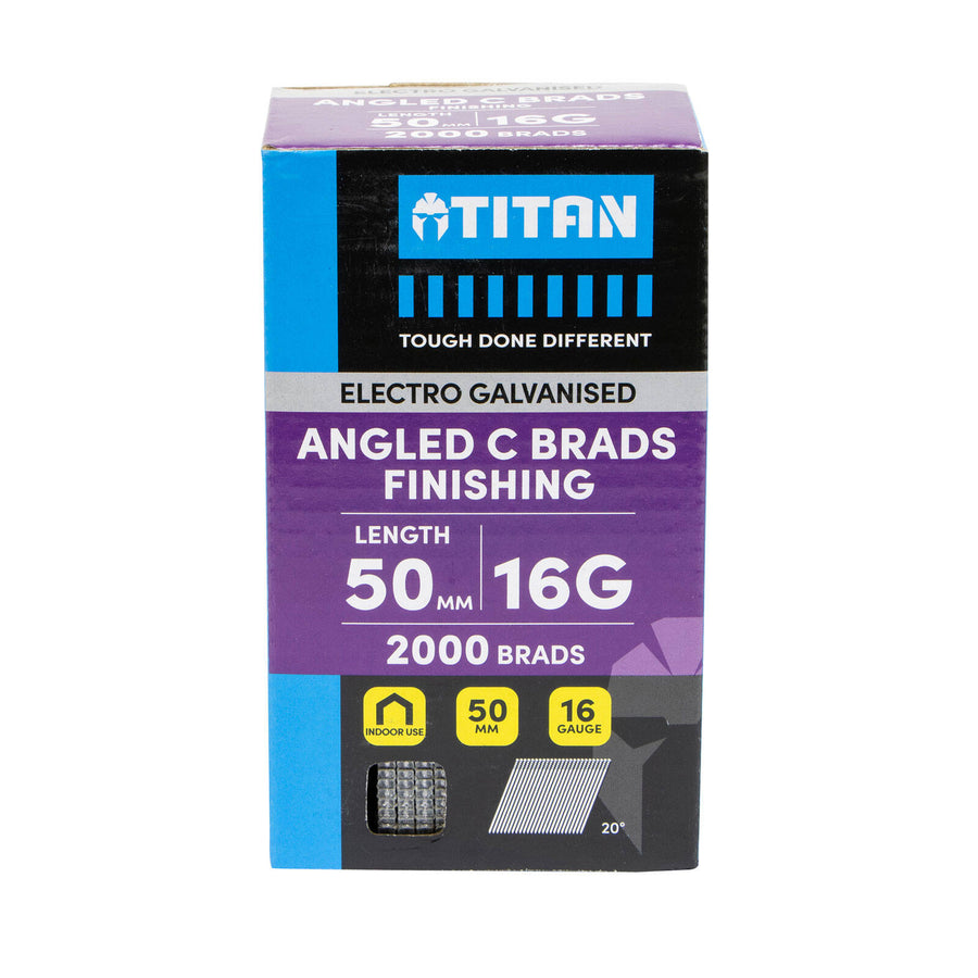 Titan 50 x 1.6mm 16 Gauge Electro Galvanised 20 Degree Angled C Brads - 2000 Pack