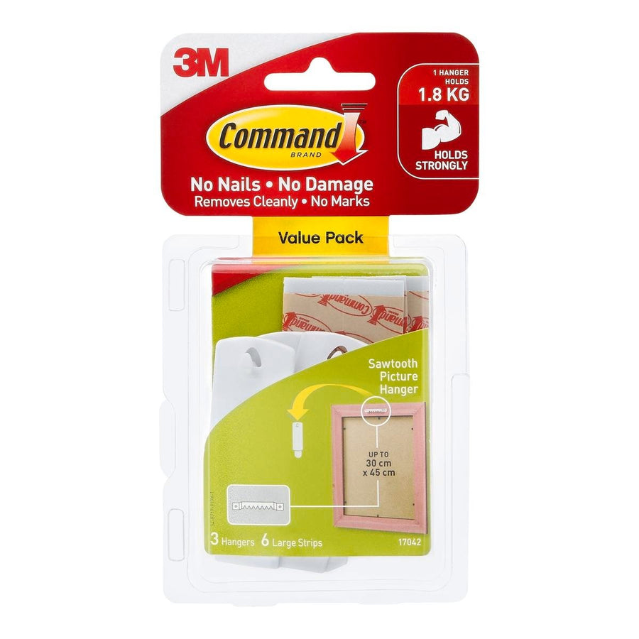 Command White Adhesive Sawtooth Picture Hanger 3 Pack - Plastic - Damage-Free - SuperSaverAU - view 1