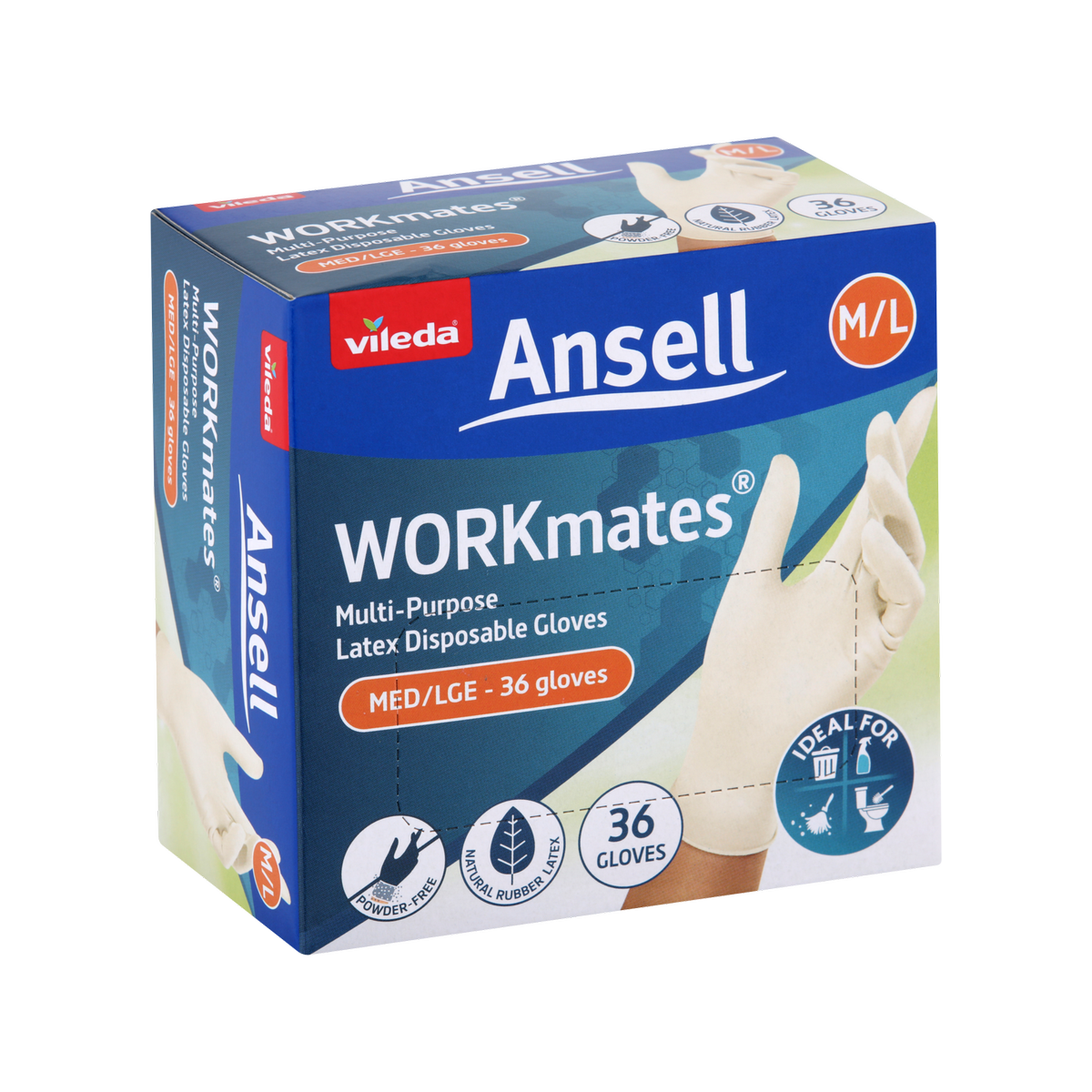 Vileda Ansell Workmates Latex Disposable Gloves 36pk Medium Large - Powder-Free - Comfortable Fit - Hygienic Hand Protection - SuperSaverAU - view 1