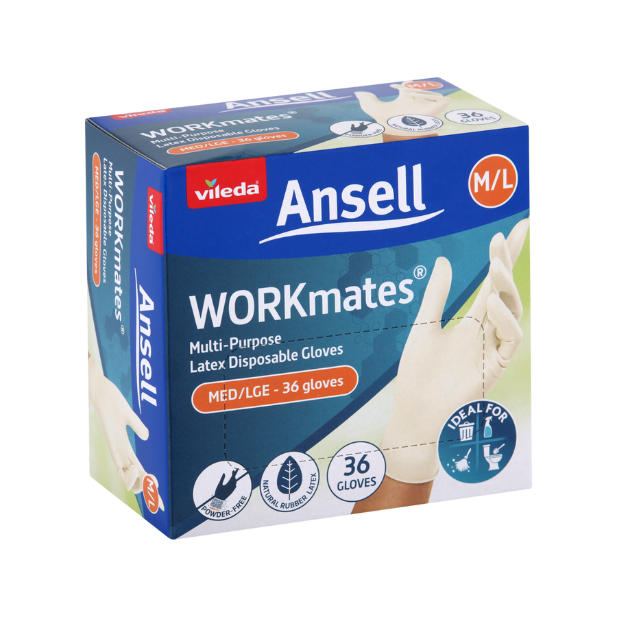 Vileda Ansell Workmates Latex Disposable Gloves 36pk Medium Large - Powder-Free - Comfortable Fit - Hygienic Hand Protection - SuperSaverAU - view 1