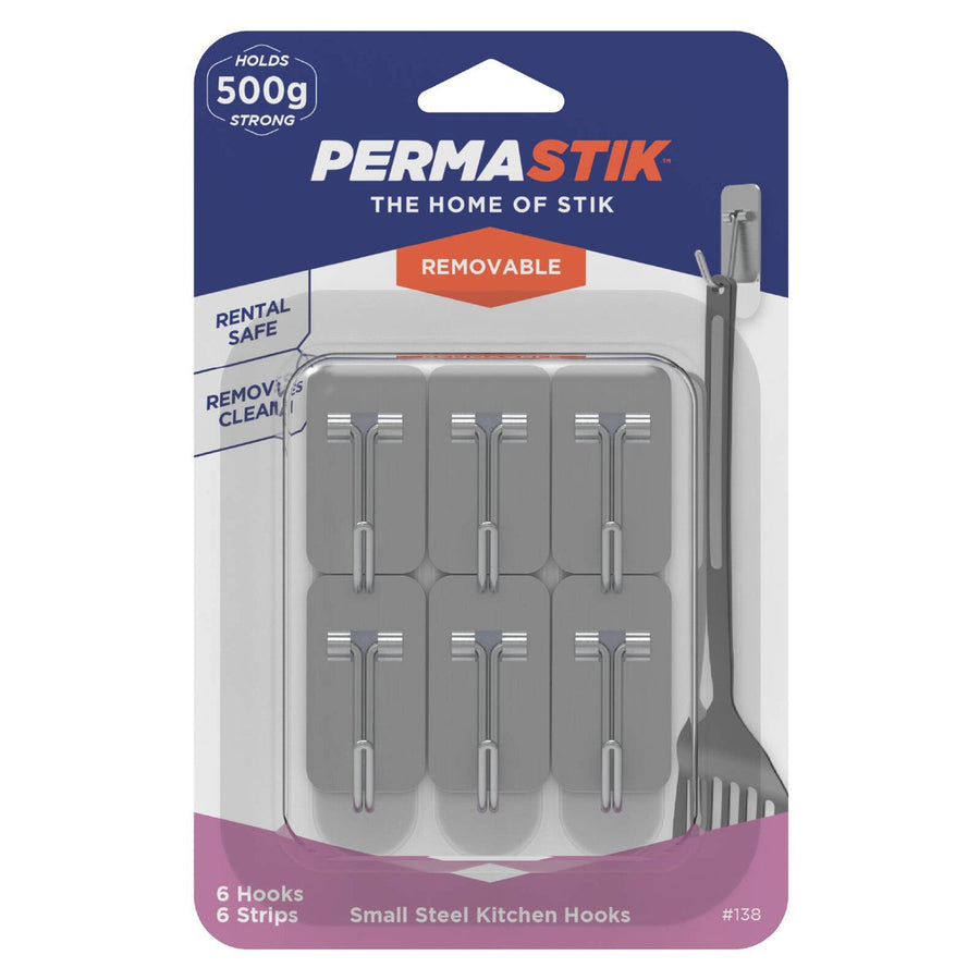 Permastik Small Steel Kitchen Hooks 6 Pack - 5mm x 40mm x 22mm - Stainless Steel - SuperSaverAU - view 1
