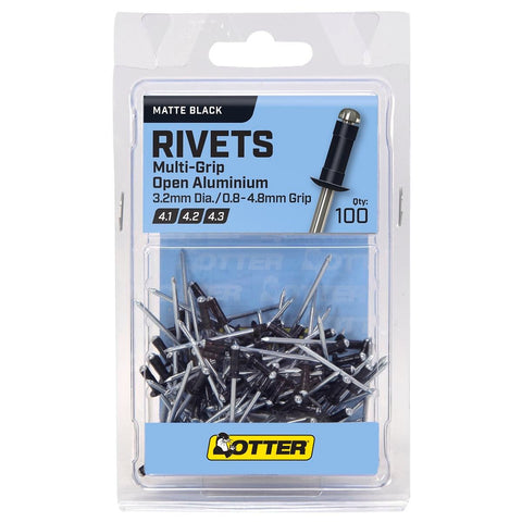 Otter Multi Grip Open Aluminium Blind Rivets 100 Pack 2 x 0.8-4.8mm Matt Black - SuperSaverAU - view 1