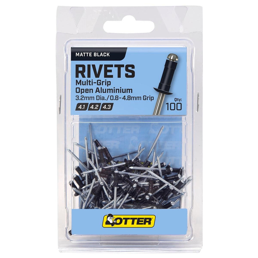 Otter Multi Grip Open Aluminium Blind Rivets 100 Pack 2 x 0.8-4.8mm Matt Black - SuperSaverAU - view 1