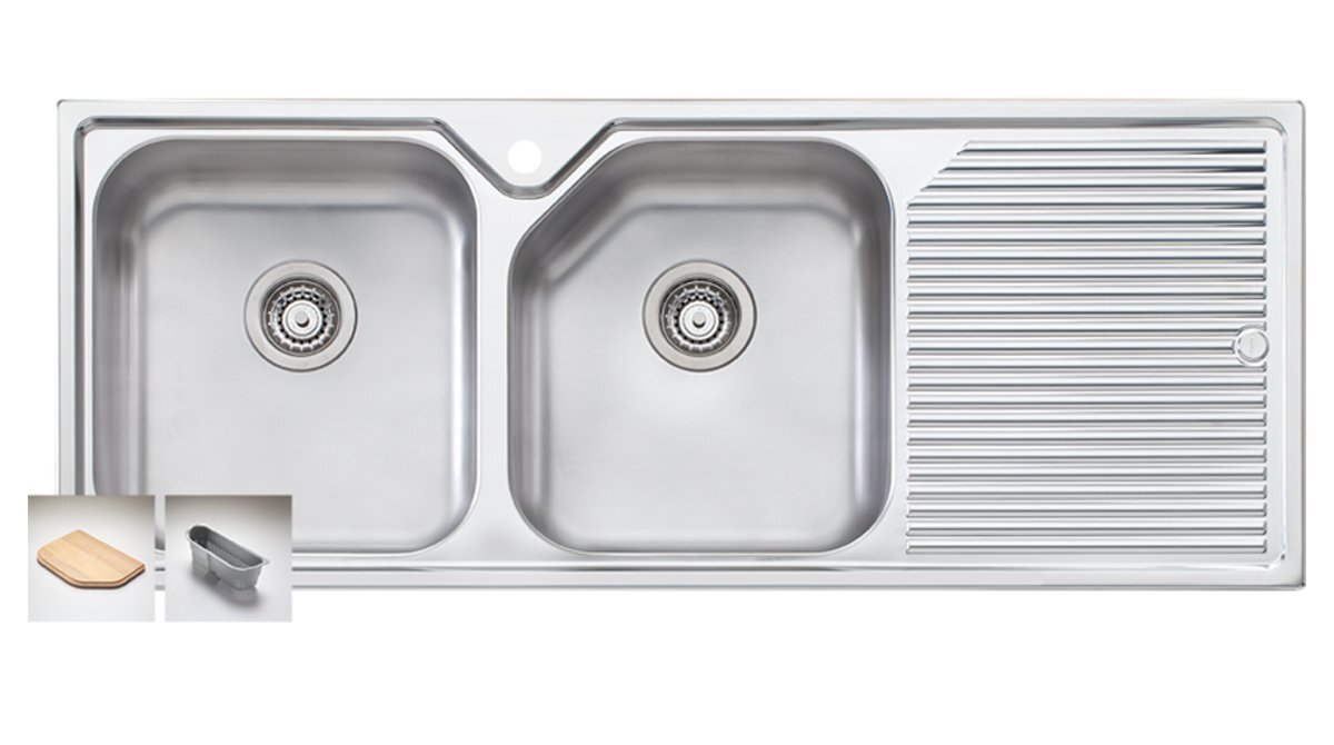 Oliveri Nu-Petite 1250mm Double Bowl Sink - Right Hand Drainer, Rear Waste Outlets, Australian Made - NP671