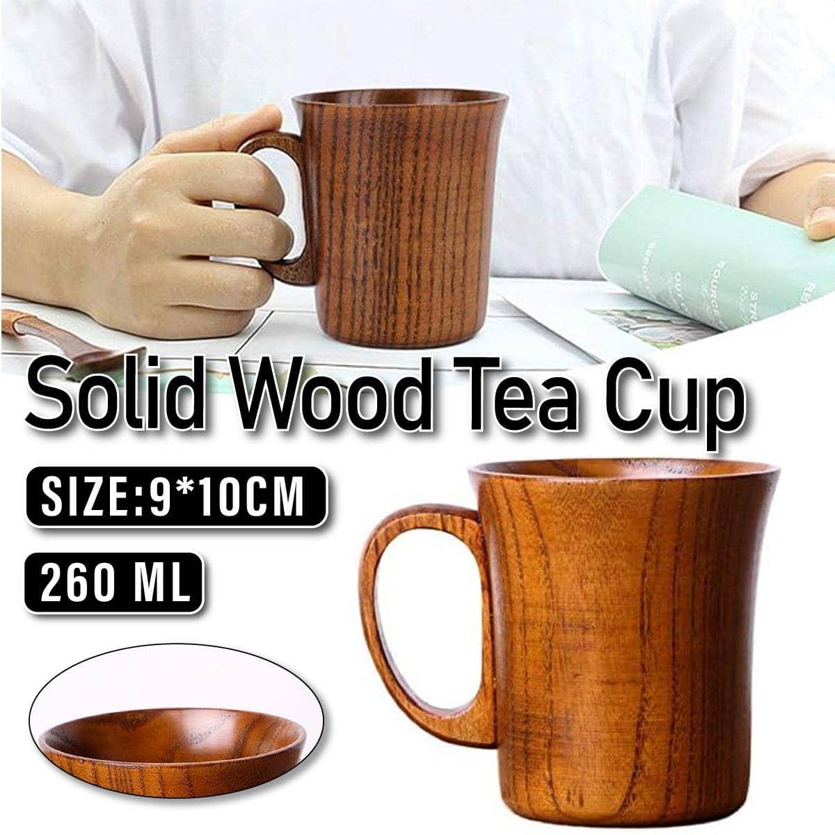 260ml Wooden Mug - Solid Wood Tea Cup, 9 x 10 cm