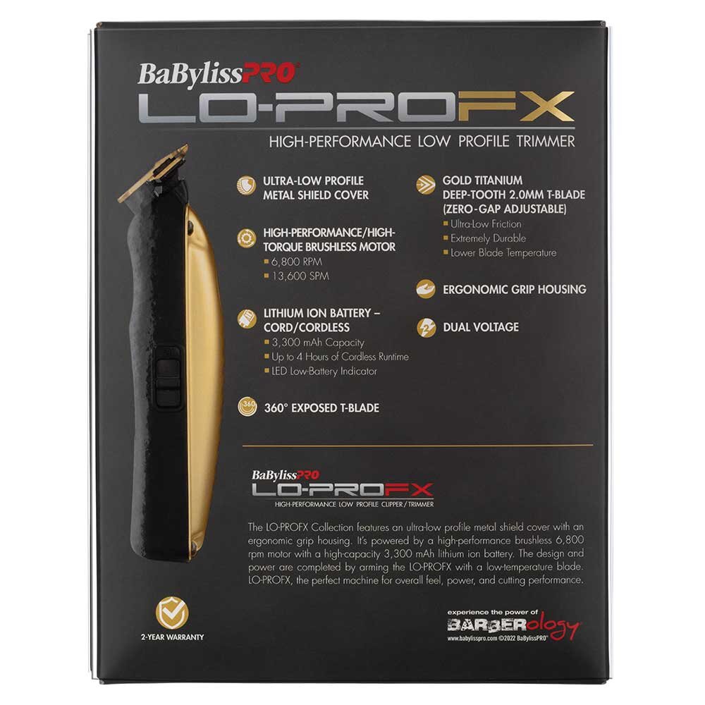 BaBylissPRO Lo-ProFX Cordless Trimmer - Gold - 6800rpm Motor, Zero Gap Blade, 4 Hour Runtime - 900891