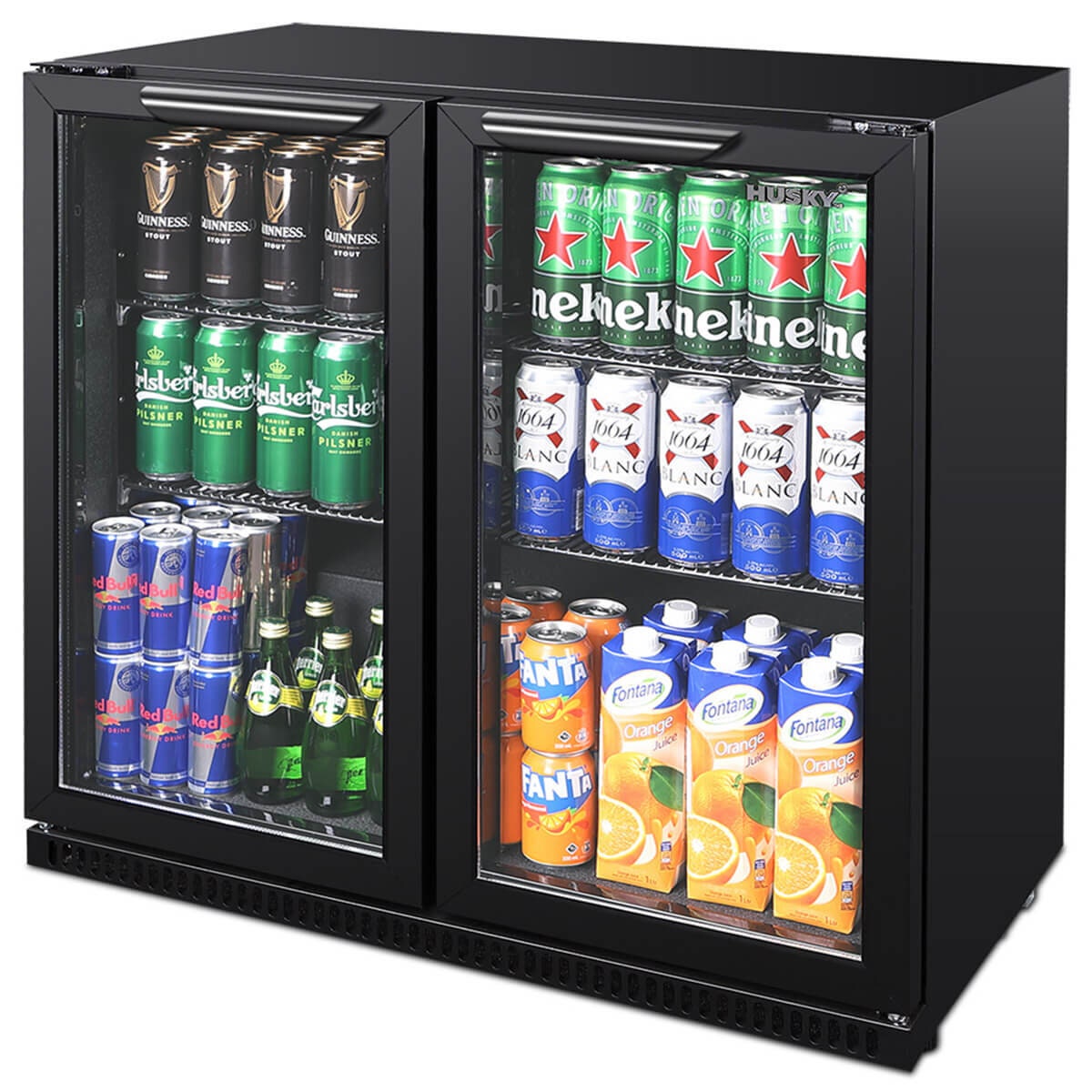 Husky 203L double door home bar fridge - black, adjustable shelves, LED lighting - C2HHMBBKAU