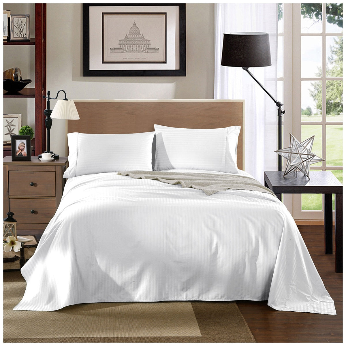 Kensington 1200 Thread Count Stripe Cotton Sheet Set Double White