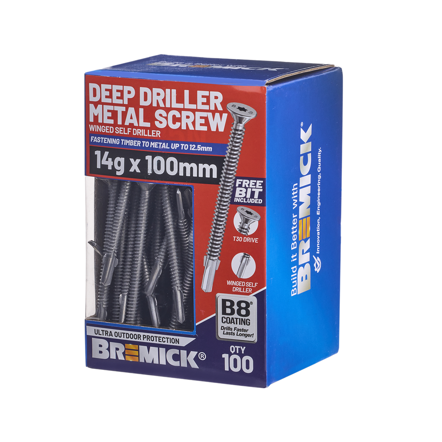 Bremick Metal Deep Driller Screw 14g x 100mm T30 B8 - Box of 100 - Durable Fastening - SuperSaverAU - view 1