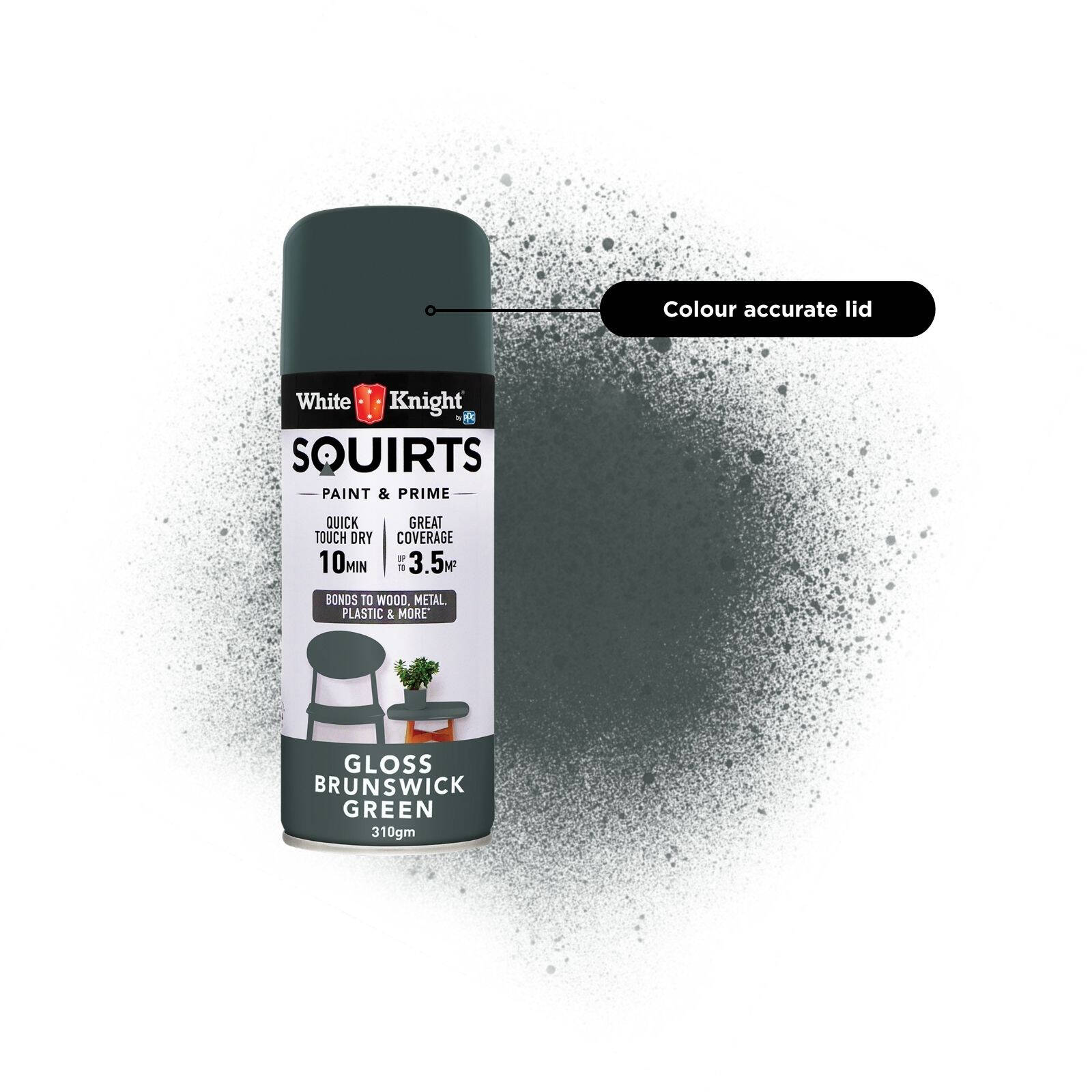 White Knight Squirts Brunswick Green Gloss Spray Paint 310g - Solvent-Based, UV Resistant