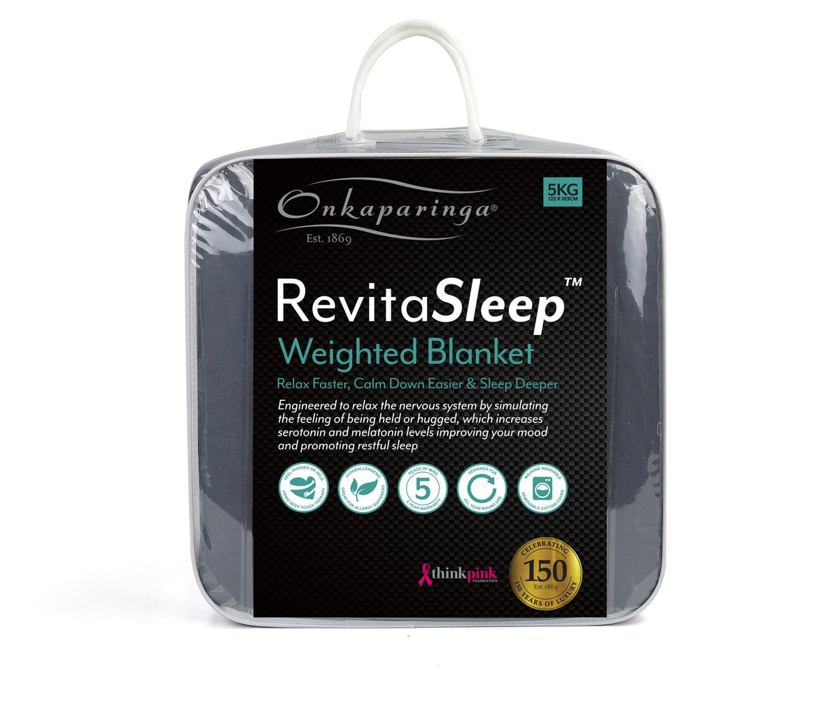 Onkaparinga Weighted Blanket 5kg Charcoal, Hypoallergenic, Removable Cover, 1220x1830mm - SuperSaverAU - view 2