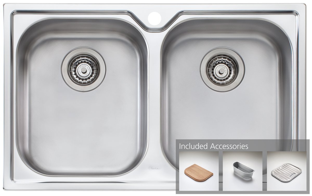 Oliveri Diaz Double Bowl Topmount Sink - 770mm Stainless Steel, Utility Tray and Colander - DZ163