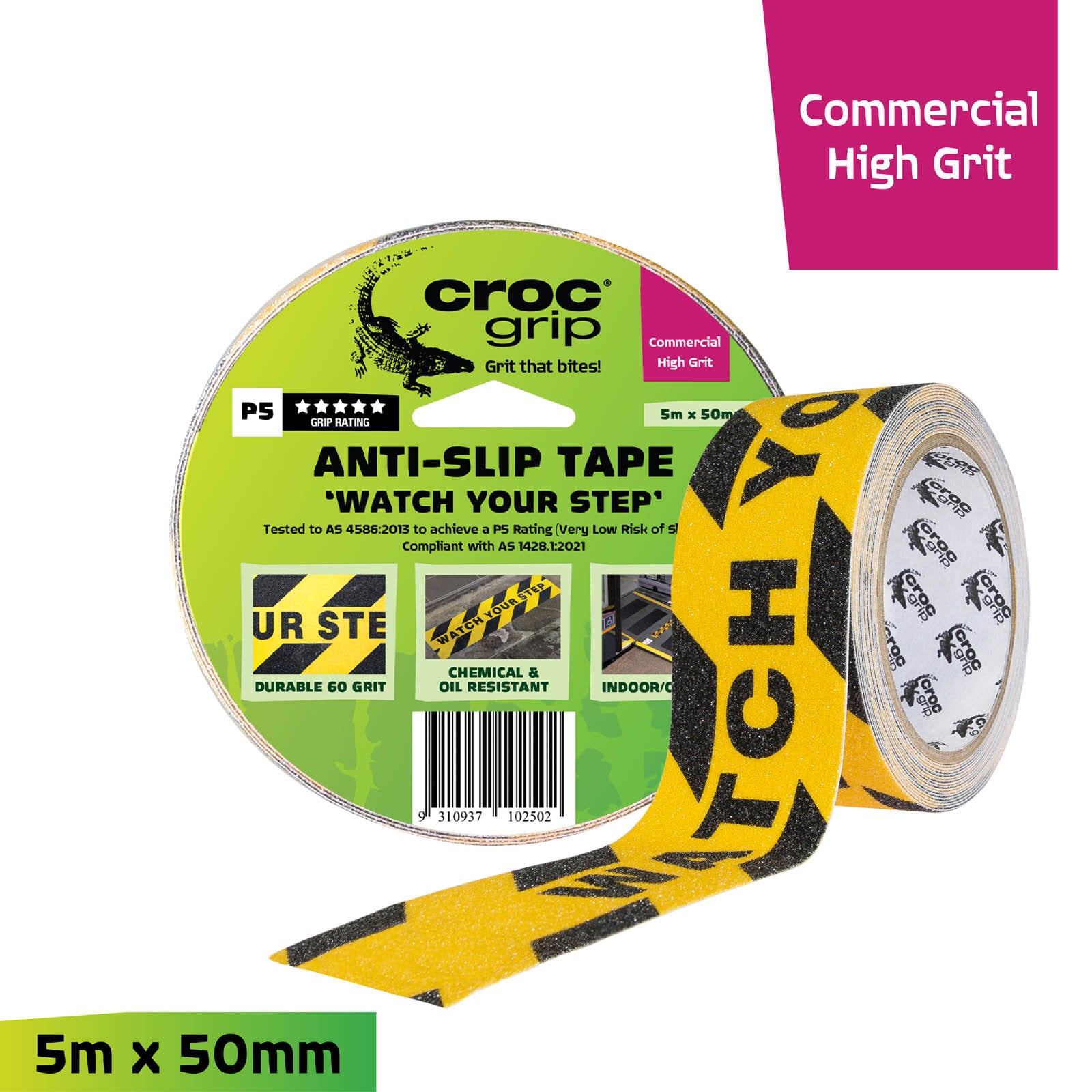 Croc Grip 5m x 50mm Yellow and Black Watch Your Step Anti-Slip Tape