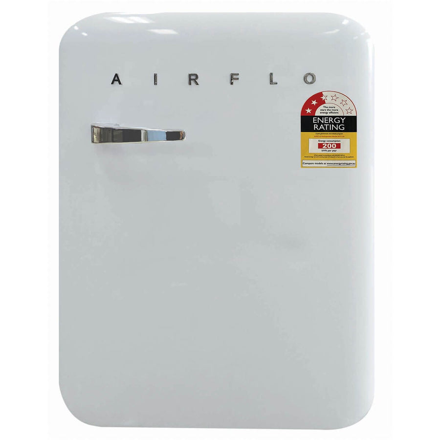Airflo 130L retro bar fridge - White finish, reversible door, vegetable crisper - AFF130XW