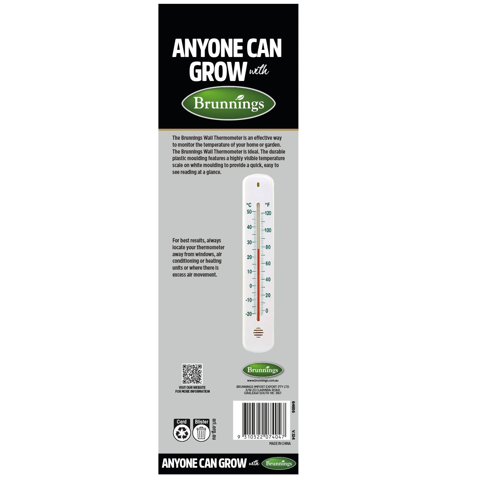 Brunnings 210mm Plastic Wall Thermometer Outdoor Garden Greenhouse
