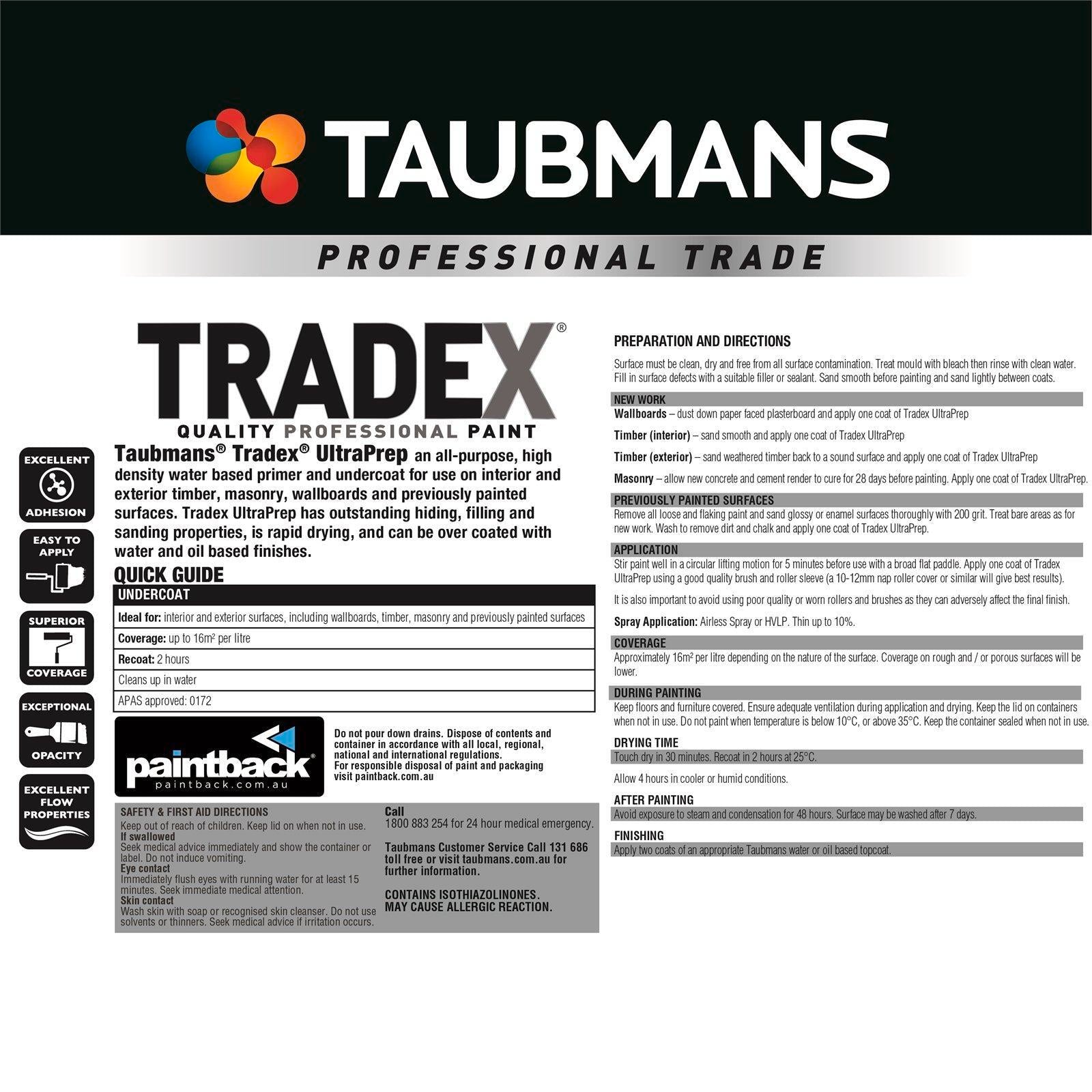 Taubmans Tradex Ultra Prep 4L White Undercoat - Water Based Sealer, Interior & Exterior