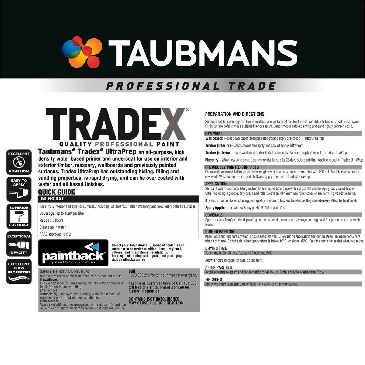Taubmans Tradex Ultra Prep Undercoat 4L - White - Water-Based - Rapid Drying - SuperSaverAU - view 4