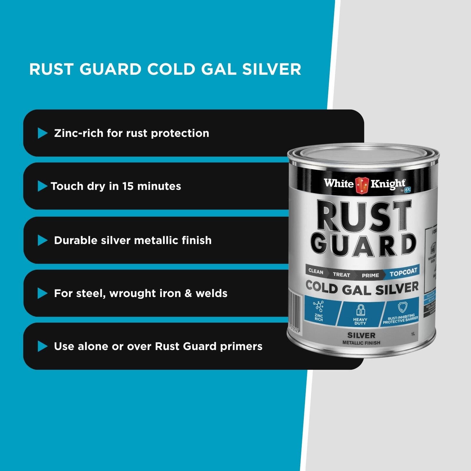 White Knight Rust Guard 1L Silver Cold Gal Solvent Primer Paint
