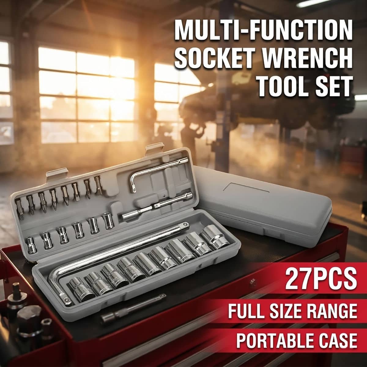 27 Piece Socket Wrench Tool Set, Metric 4 to 21 mm, Grey Case