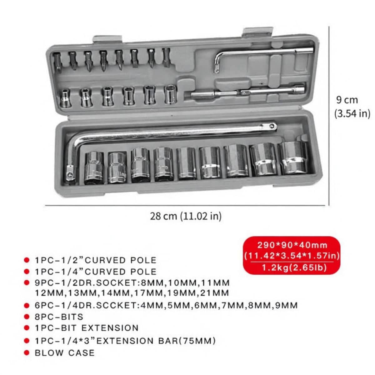27 Piece Socket Wrench Tool Set, Metric 4 to 21 mm, Grey Case - view 3
