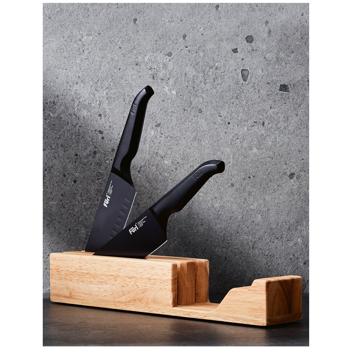Furi Pro Jet Black 3 Piece Knife Set - Black Knives with Wooden Knife Holder - 41483