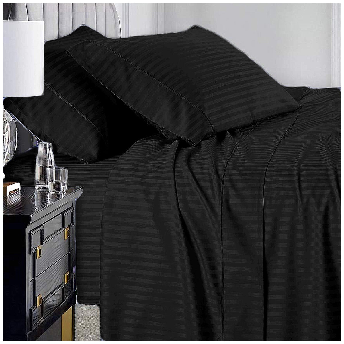 Ramesses 1000 Thread Count Pima Cotton Narrow Stripe Queen Sheet Set Black - SuperSaverAU - view 1