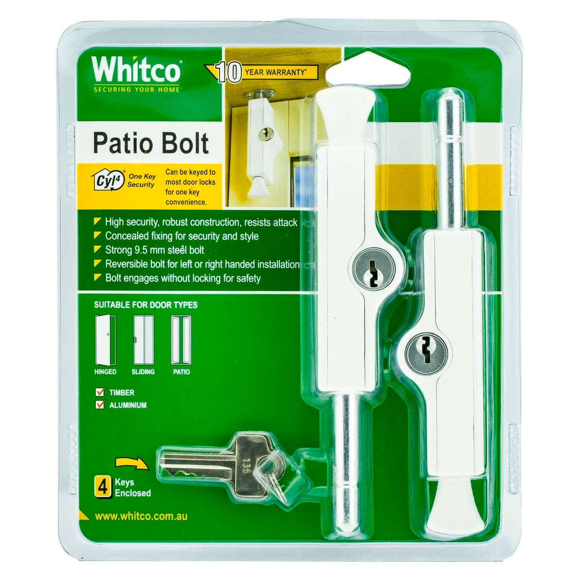 Whitco Patio Bolt - 2 Pack - Solid Zinc - High Security - SuperSaverAU - view 1