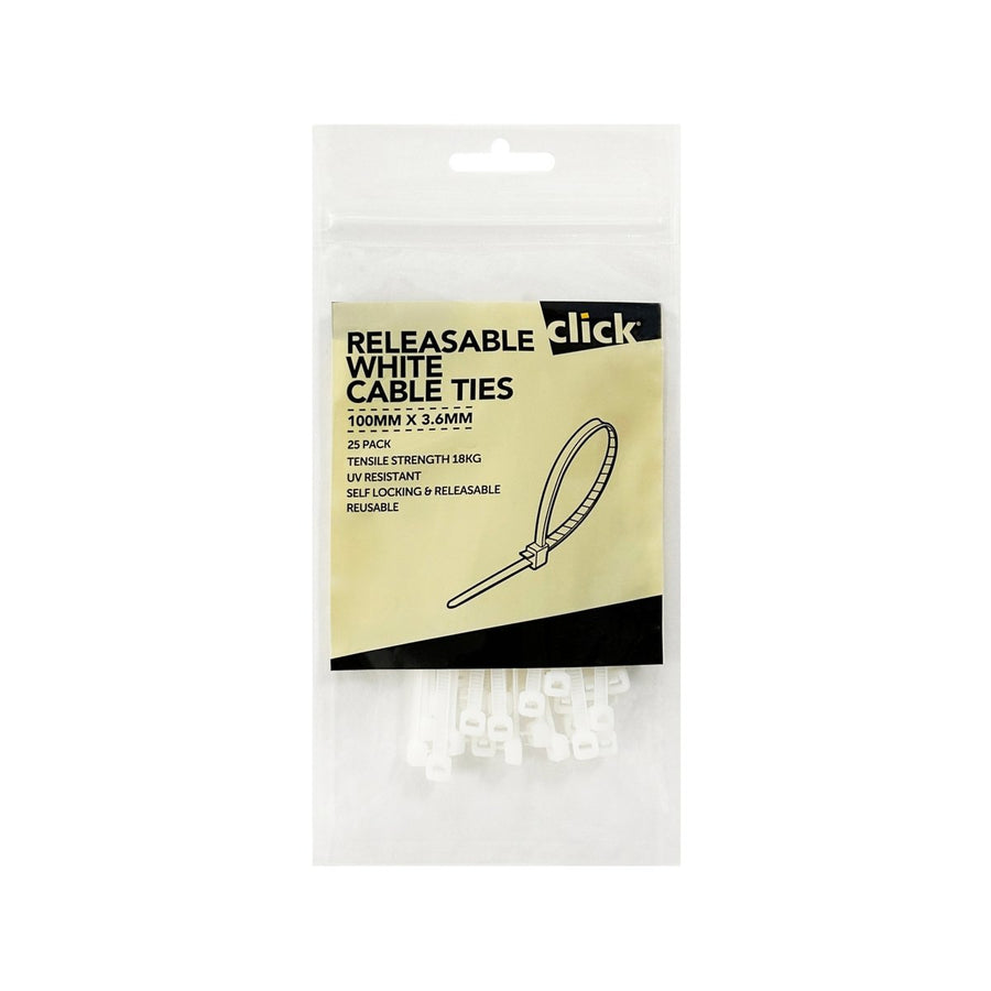 Click Releasable Cable Tie 100mm White 25 Pack - UL Approved Nylon - UV Resistant - SuperSaverAU - view 1