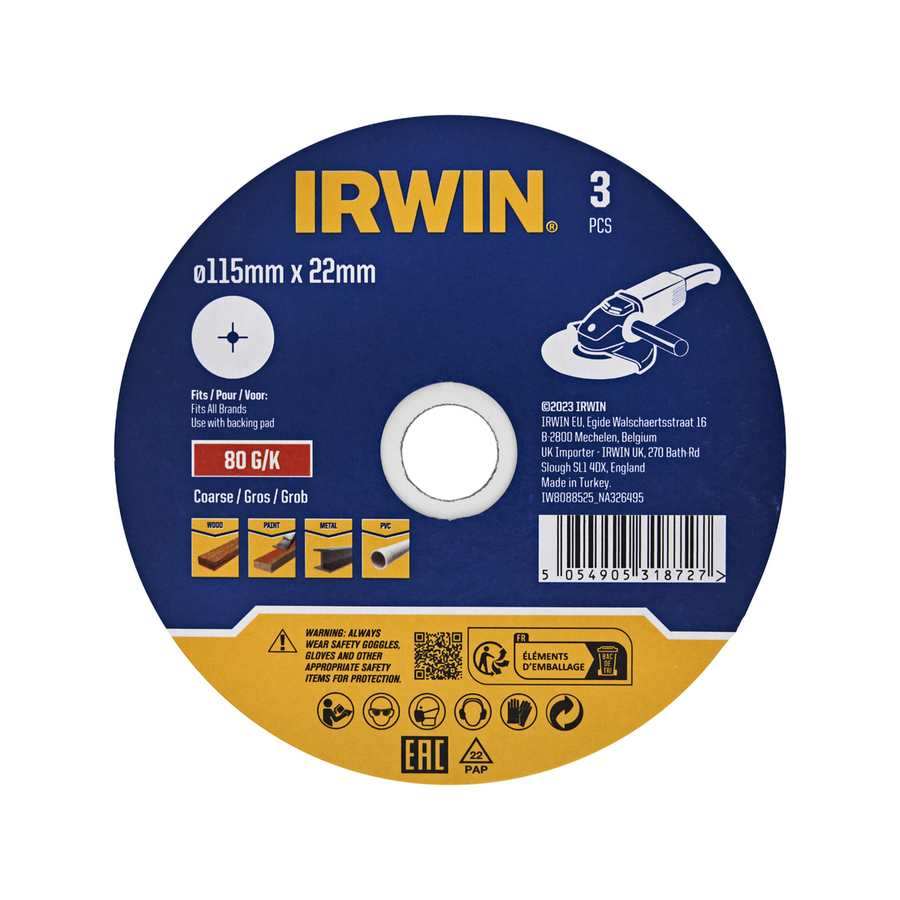 Irwin Fibre Disc 3 Pack - 115 x 22mm - 80 Grit - Aluminium Oxide - Surface Preparation - SuperSaverAU - view 1