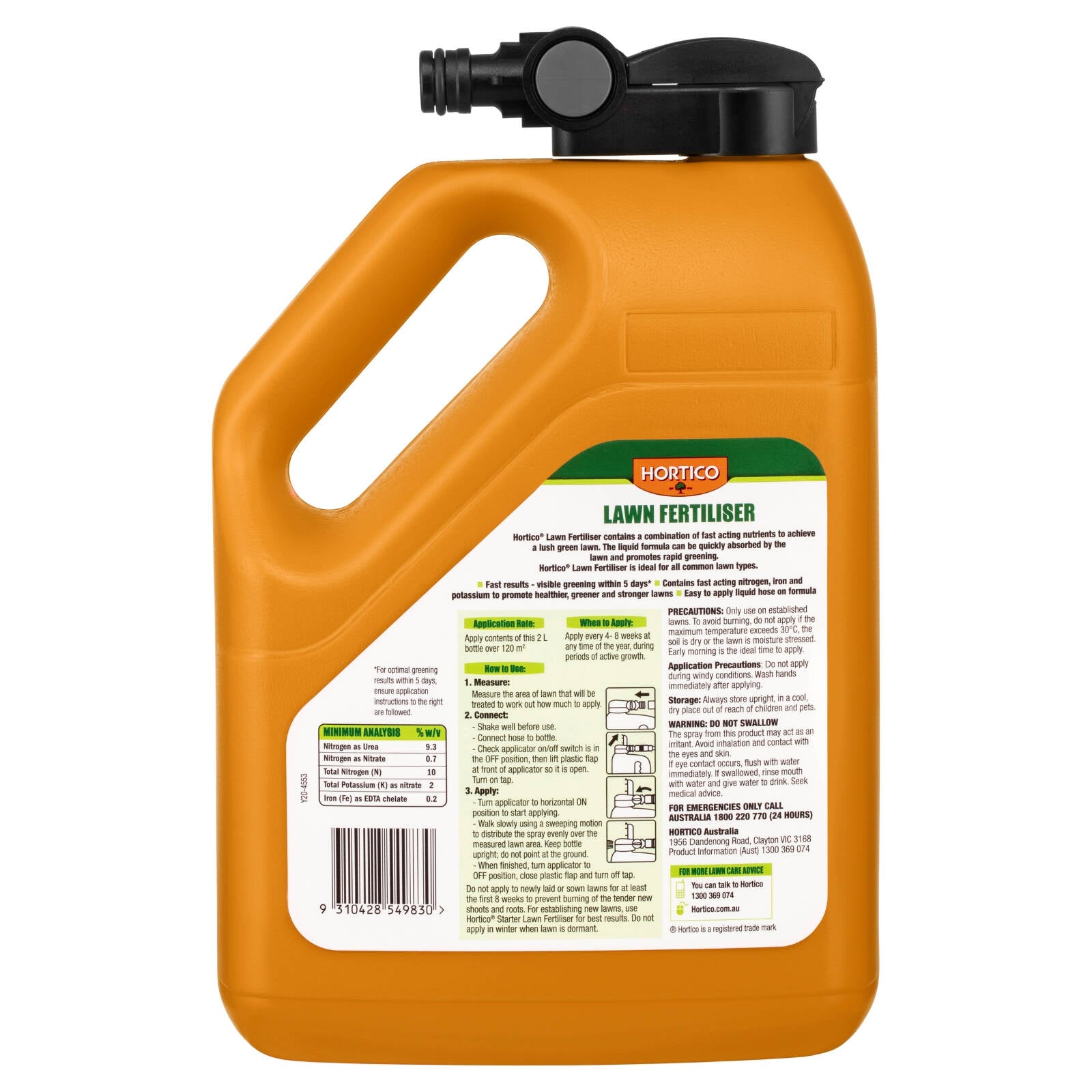 Hortico Hose On All Lawns Fertiliser 2L - Liquid, Water Soluble, Covers 120m2