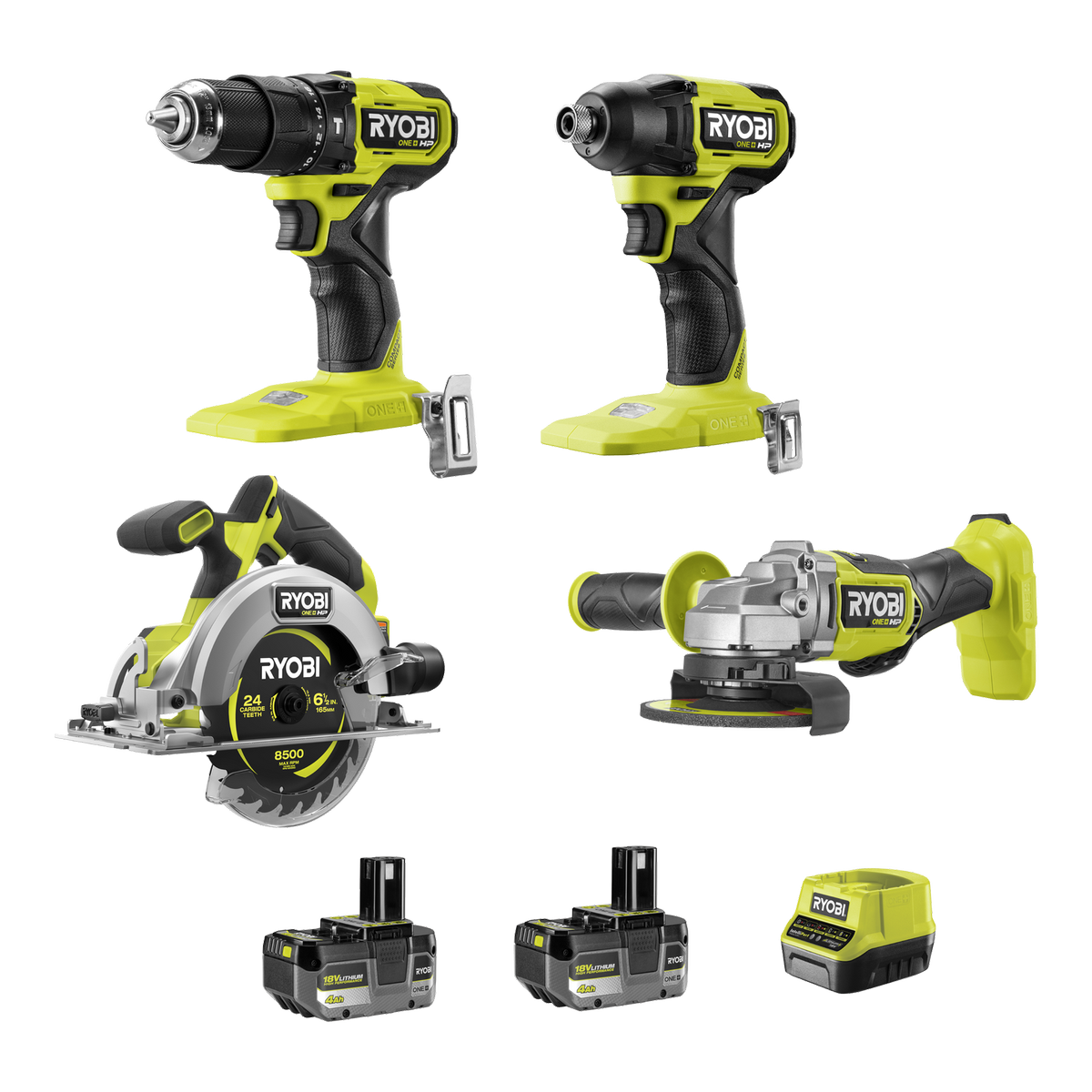 Ryobi 18V ONE+ HP Brushless 4-Piece 4Ah Kit - Hammer Drill, Impact Driver, Circular Saw, Angle Grinder - 60Nm Torque, 240Nm Torque, 55mm Cutting Depth - SuperSaverAU - view 1